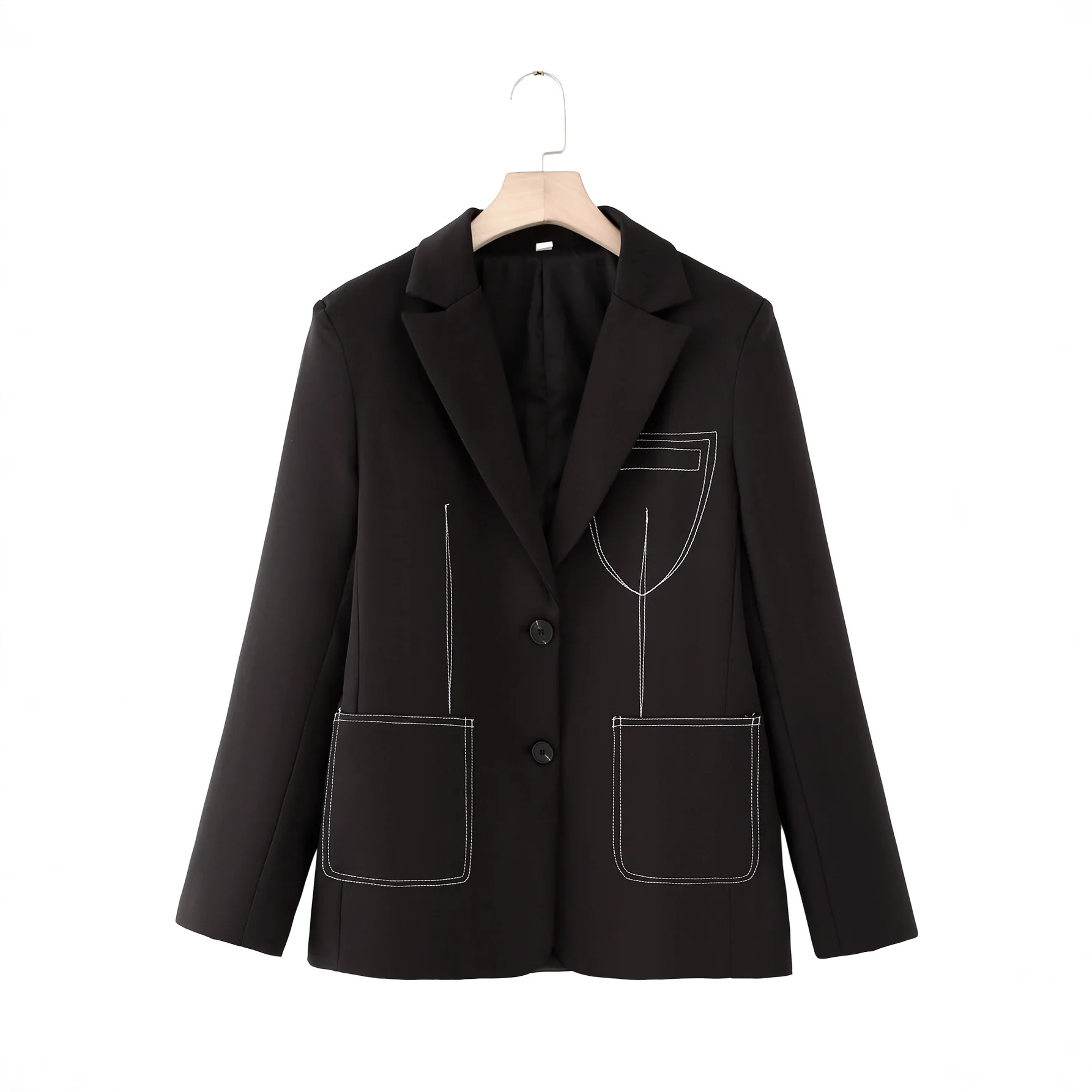 Elegant Black Women's Long Sleeve Suit Jacket With Pocket Stand Collar Autumn New Arrival From Europe And America For Women