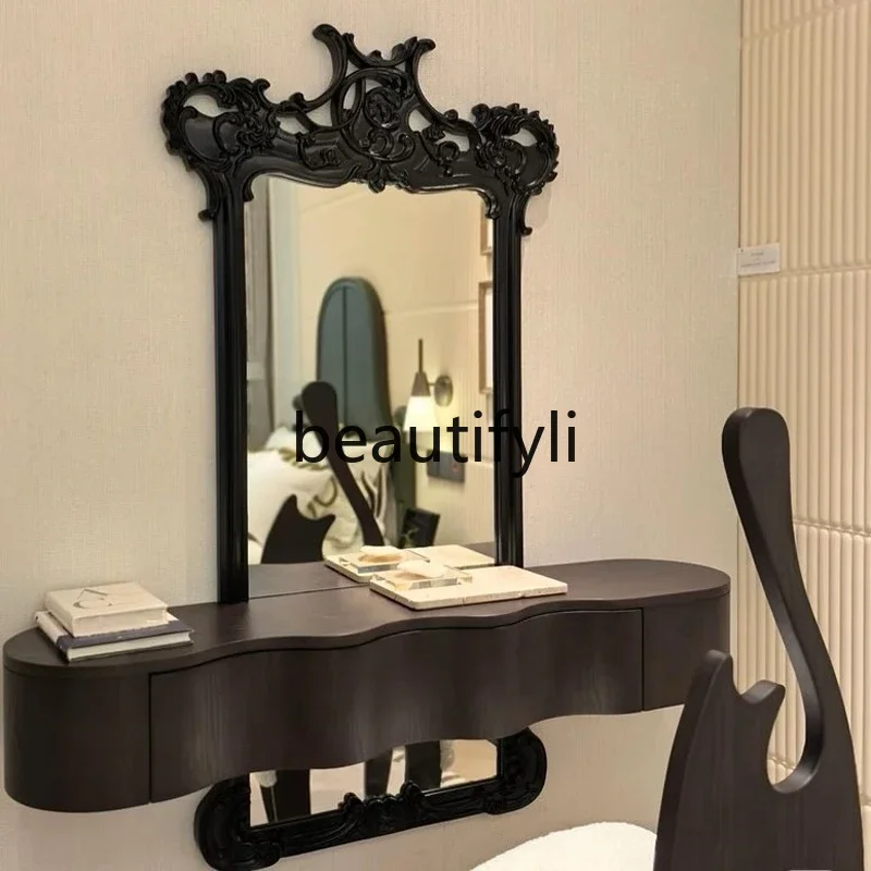 

French wall-to-wall floor mirror retro carved full-length mirror European-style cloakroom, home wall-mounted full-length mirror5