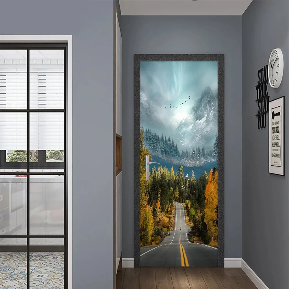 Dawn Road Door Sticker Vinyl PVC Waterproof Self-Adhesive Pastoral Style Murals for Bedroom Living Room Wardrobe Closet Decor