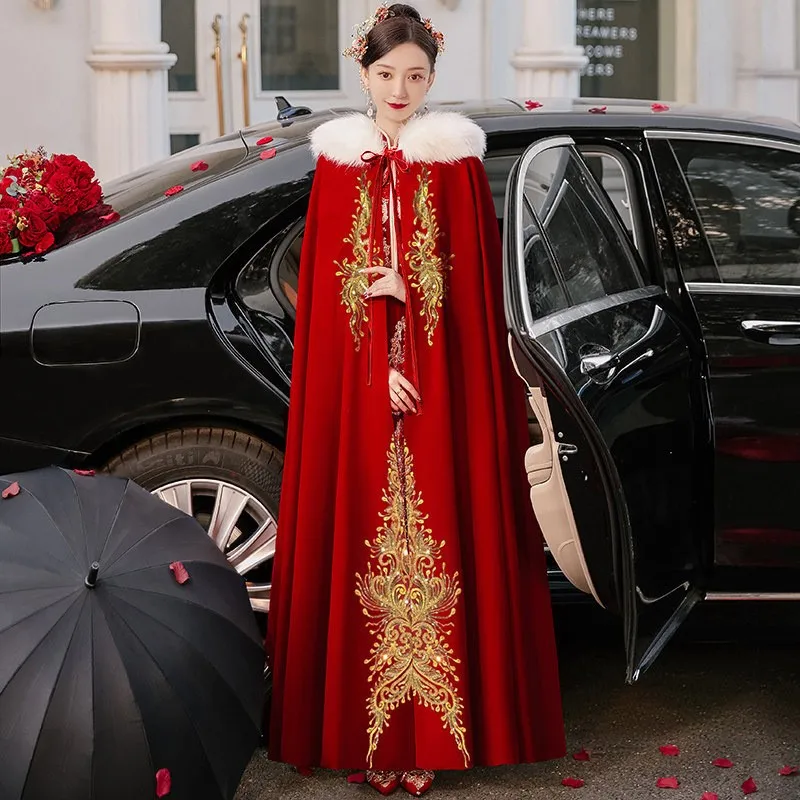 

Длинная теплая накидка и плащ Cheongsam в китайском стиле в винно-красном цвете Хан.