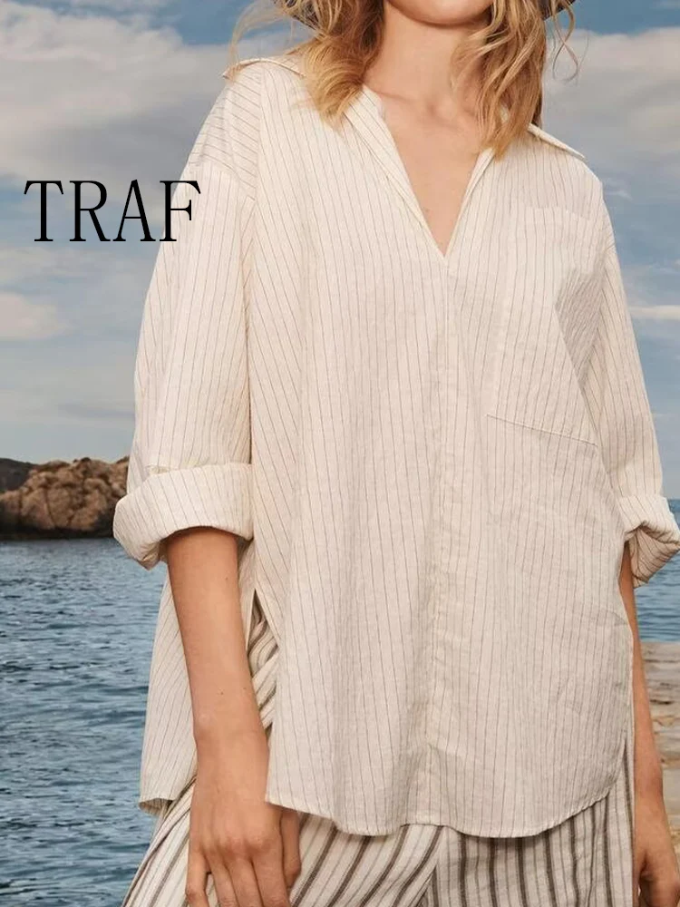 

TRAF European and American style summer new women's casual temperament simple striped split lapel long-sleeved shirt