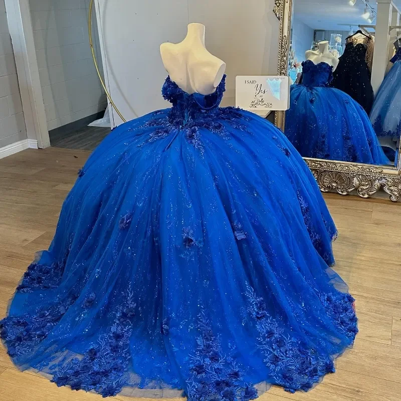 Azul real querida vestido de baile quinceanera vestidos 2025 apliques rendas 3d flores artesanais vestido de 15 anos espartilho personalizado