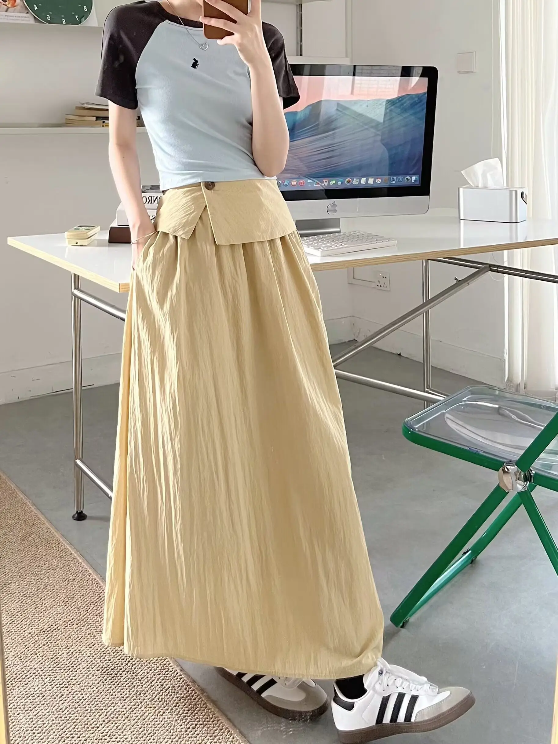 

SALT Gentle n Texture Sensation Silk Cotton Workwear Skirt High Waist Dstring Waist Seal A-Line Long Skirt