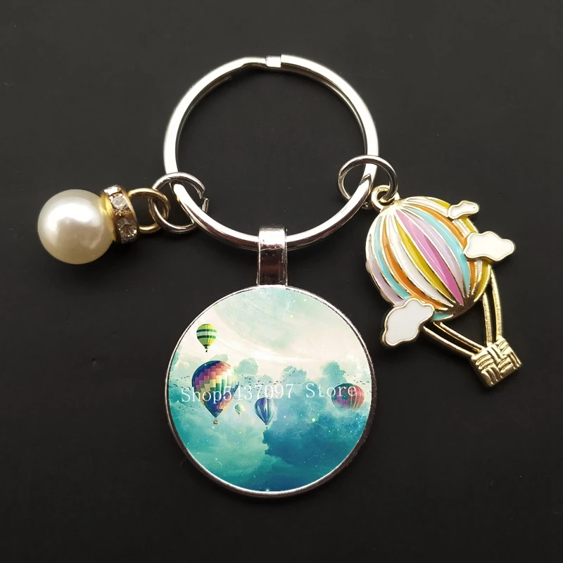 LLavero de globo de aire caliente esmaltado, colgante de cristal de cabujón, llavero de bolsa de coche, regalo de recuerdo de pareja, joyería de moda, nuevo