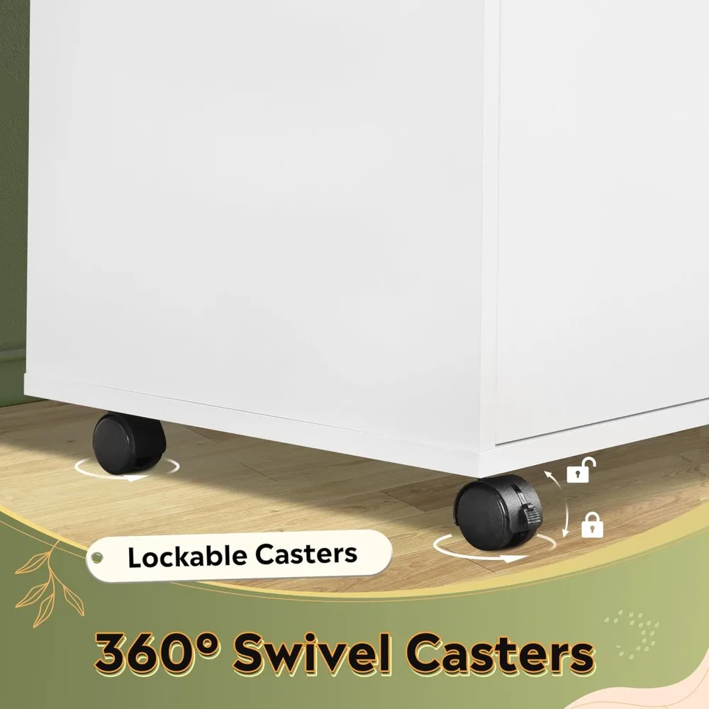 خزانة ملفات جانبية متنقلة خشبية ذات 3 أدراج مع حامل طابعة وأرفف تخزين مفتوحة للمكتب المنزلي، باللون الأبيض