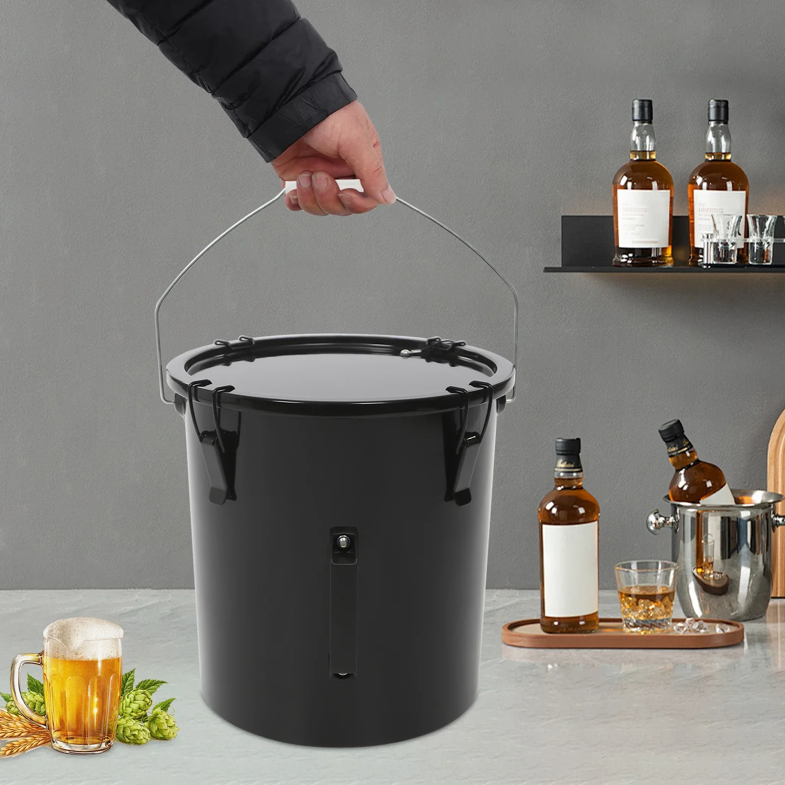 

6 Gallon Black Oil Storage Bucket with Filter Bag & Handle - Carbon Steel Kitchen Waste Oil Container - Durable, 4 Metal Latches