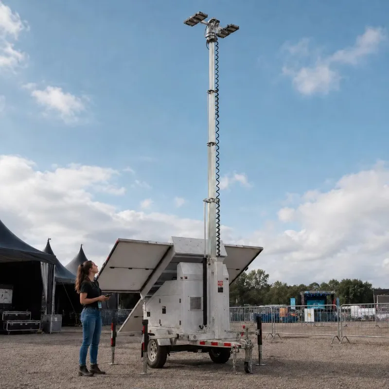 Portable Mobile Solar LED Light Tower with 4*150W Floodlights, 7m Telescopic Mast, Trailer Mounted Lighting Tower