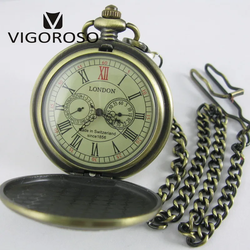 Luxury Two Sub-dials Mechanical Pocket Watch Hand Winding Bronze Alloy Skeleton Back FOB Chain Vintage Retro Roman Numeral Clock