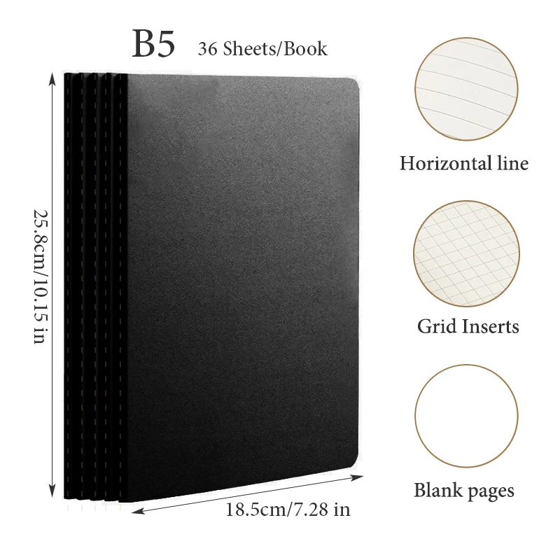 B5 와이어 바운드 노트북, 크래프트 종이 및 블랙 카드 커버, 수평 라인 빈 그리드 내부 페이지, 학생 학습 QP-65-10, 10 개