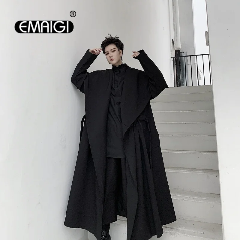 Men Japan Streetwear Dark Black Style Big Collar Cloak Trench Coat Outerwear Male Long Belt Cardigan Jacket Windbreaker Overcoat