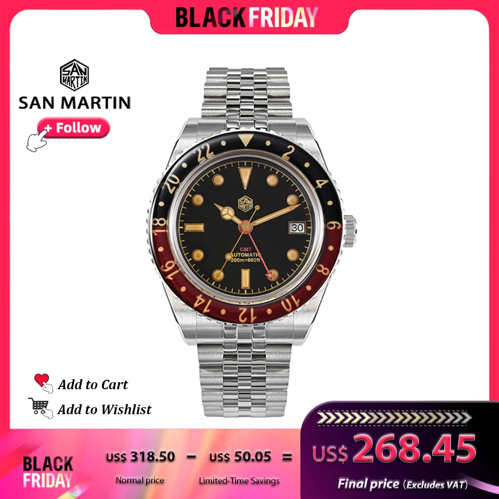 San Martin New 40mm Retro GMT NH34 Watch Luminous Automatic Mechanical Watches for Men Sapphire Bezel Waterproof 20Bar SN0005