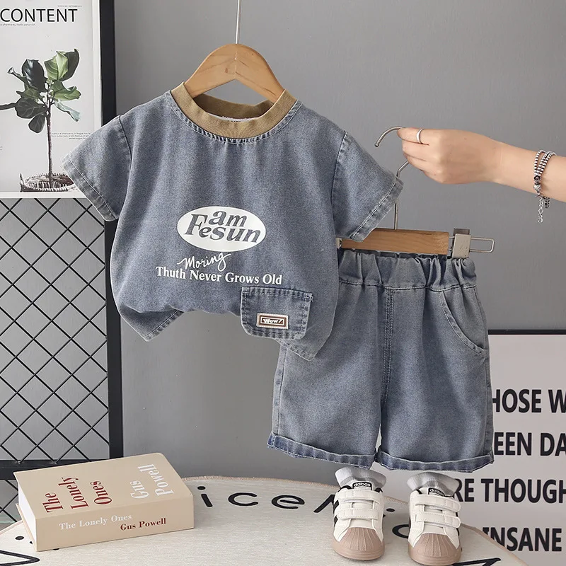 2026 New Boys Summer Outfit Kids Denim Short Sleeve T-shirt Shorts 2 Piece Set Children Cotton Breathable Casual Toddler Clothes