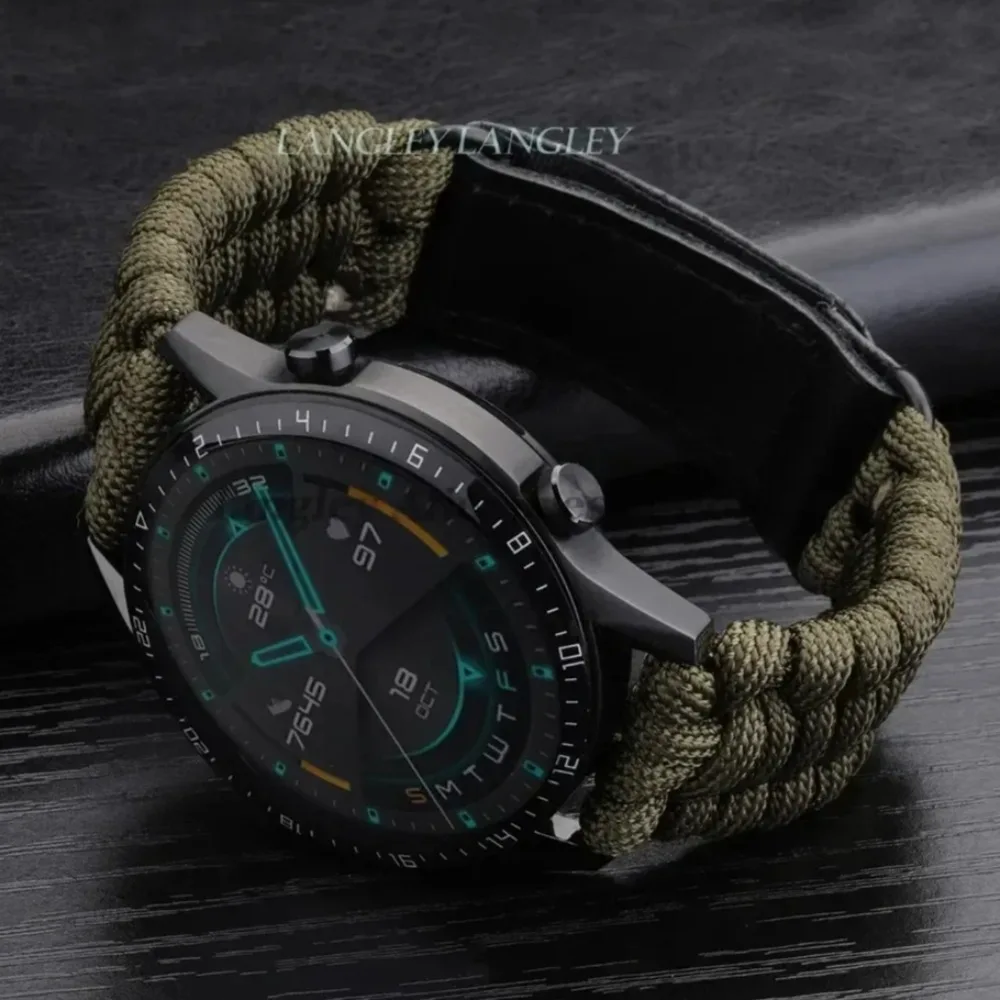 Outdoor Men Sport Braided Band 20mm 22mm for Samsung Galaxy Watch 7 6 5 4 3 Nylon Rope Strap Bracelet for Huawei Leather Clasp