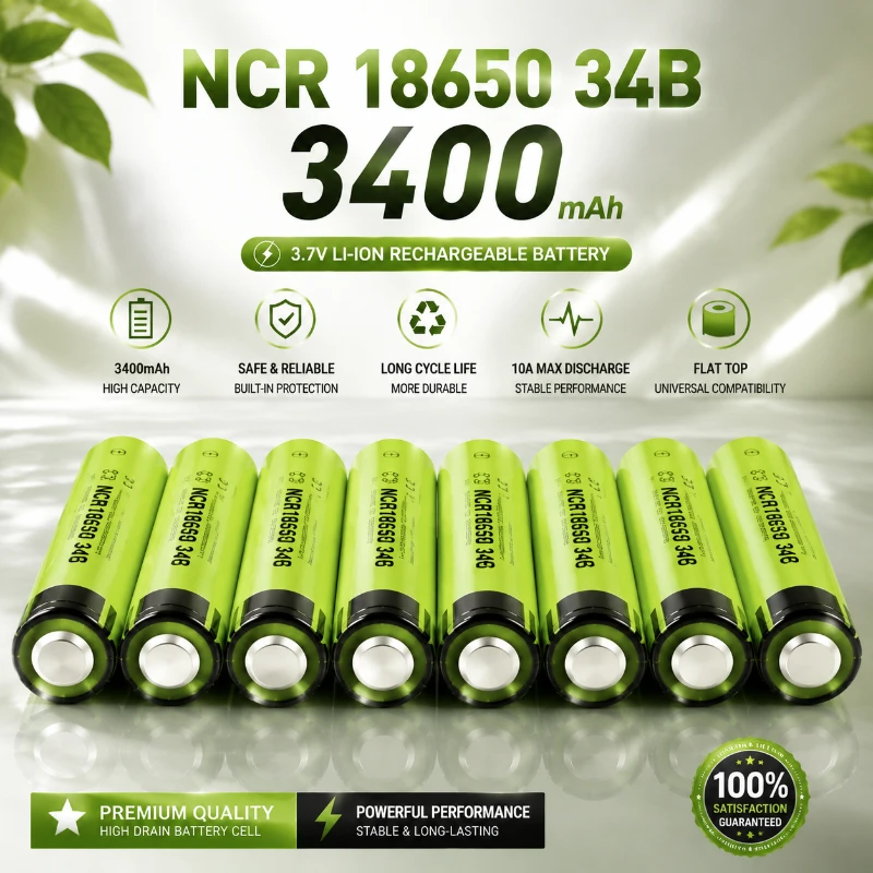 Akumulator 18650 34B NCR 3400mAh 3.7V 10A Li-ion Litowy z płaskim wyprowadzeniem, o wysokiej pojemności, zapewniający stabilną moc do latarki LED, sprzętu elektronicznego, urządzeń przenośnych. Szybka