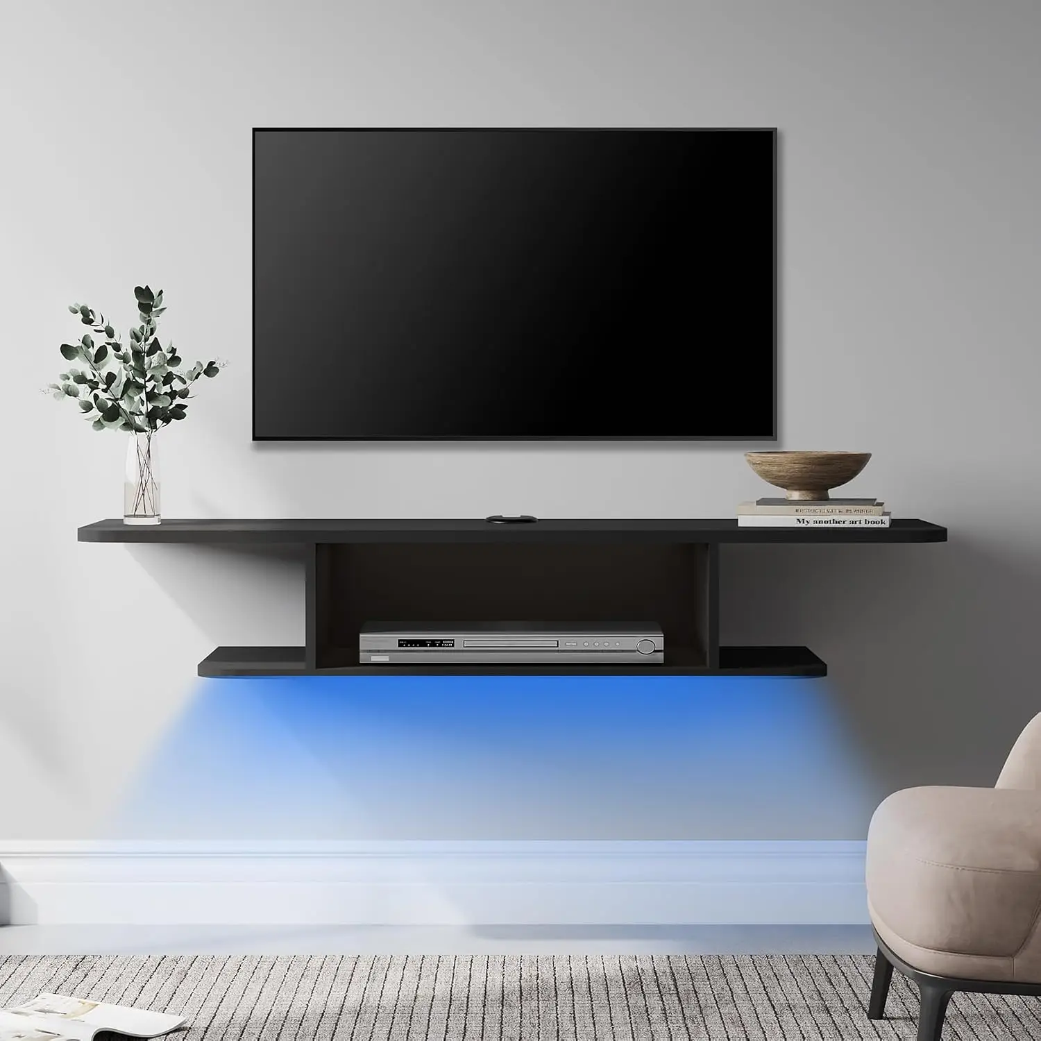 2 Tier Floating TV Stand LED 55 Inch Black Media Shelf Open Storage Cable Management Wall Mounted Entertainment Center Living Ro