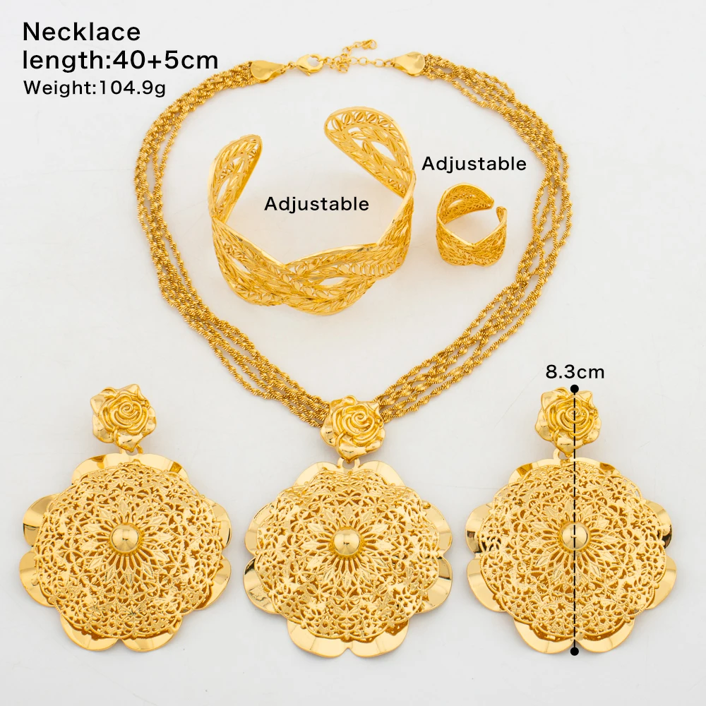 Dubai Gold Color Jewelry Set with Gift Box Exaggerate Flower Design Dangle Earrings and Necklace with Bangle Ring Set for Party