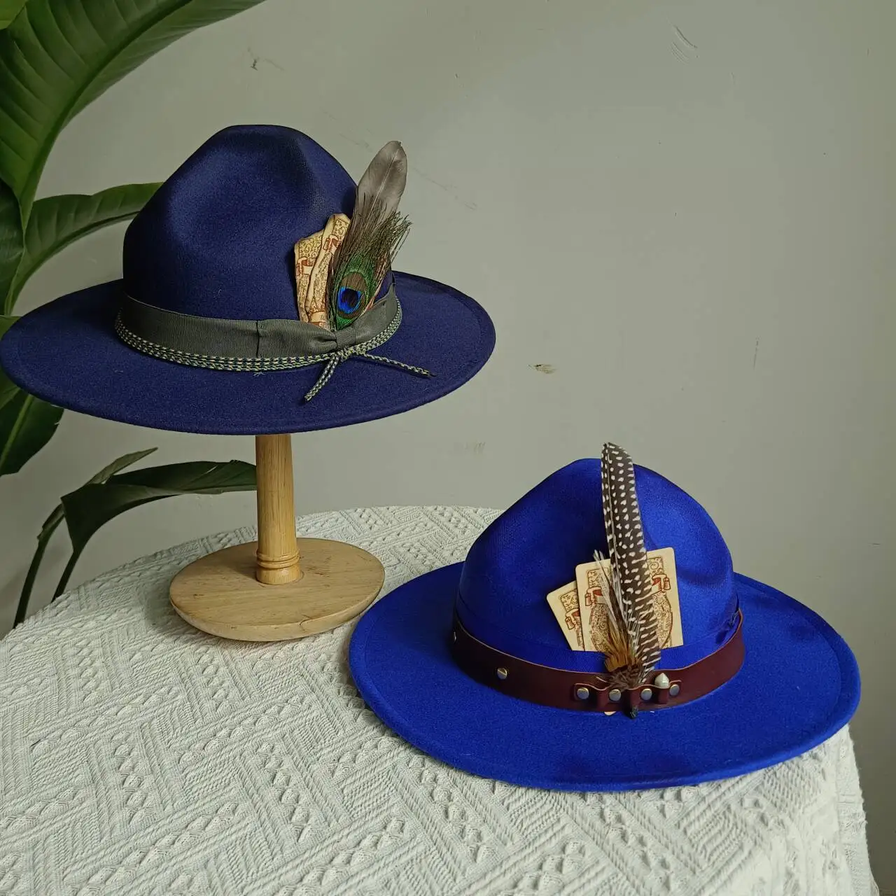 Navy Blue British Retro Hat Braided Feather Accessories Jazz Volcano Peak Police Felt Hat Panama Hat Edora Ranger Hat