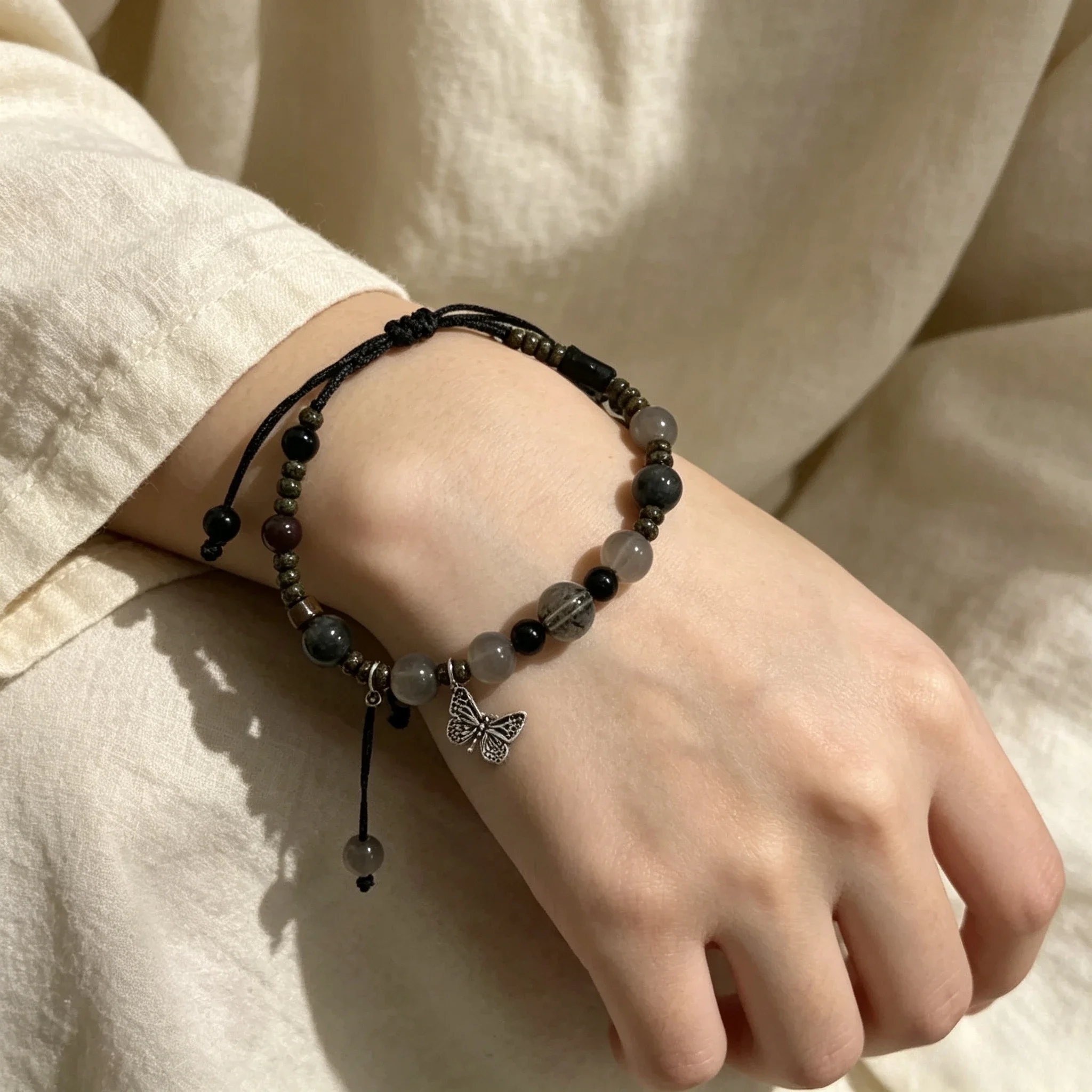 Vintage Black Adjustable Cord Beaded Bracelet Natural Obsidian Smoky Quartz Butterfly Charm Chinese Zen Ethnic Wrist Jewelry view 3