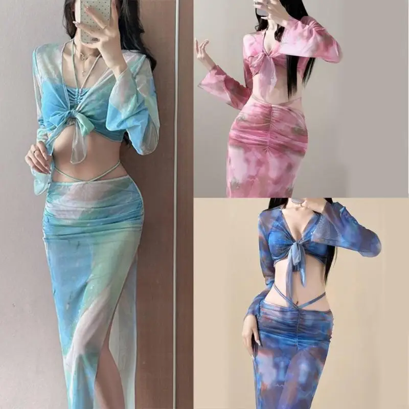 

4 Pcs Swimsuit for Women Halters Swimming Suit See Through Swimwear Push Up Bathing Suit with Crop Top & Long Skirt 24BD