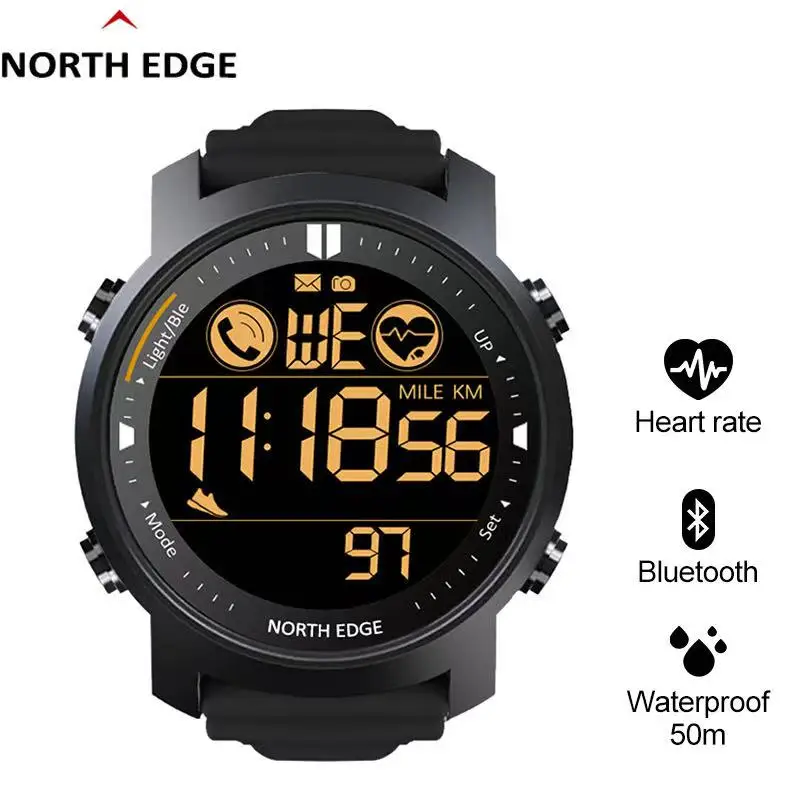 NORTH EDGE Men Digital Sports Watch Bluetooth Call Reminder Heart Rate Monitor 50M Waterproof Step Count Calories Alarm Clock Ou