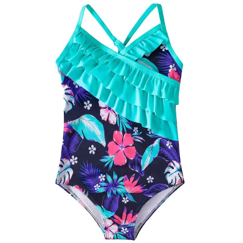 2023 Girls Swimsuits Kids One-piece Suspenders Tied Shoulder Swimsuit Vintage Kimono Printed Bikini Set Beach Bathing Suit