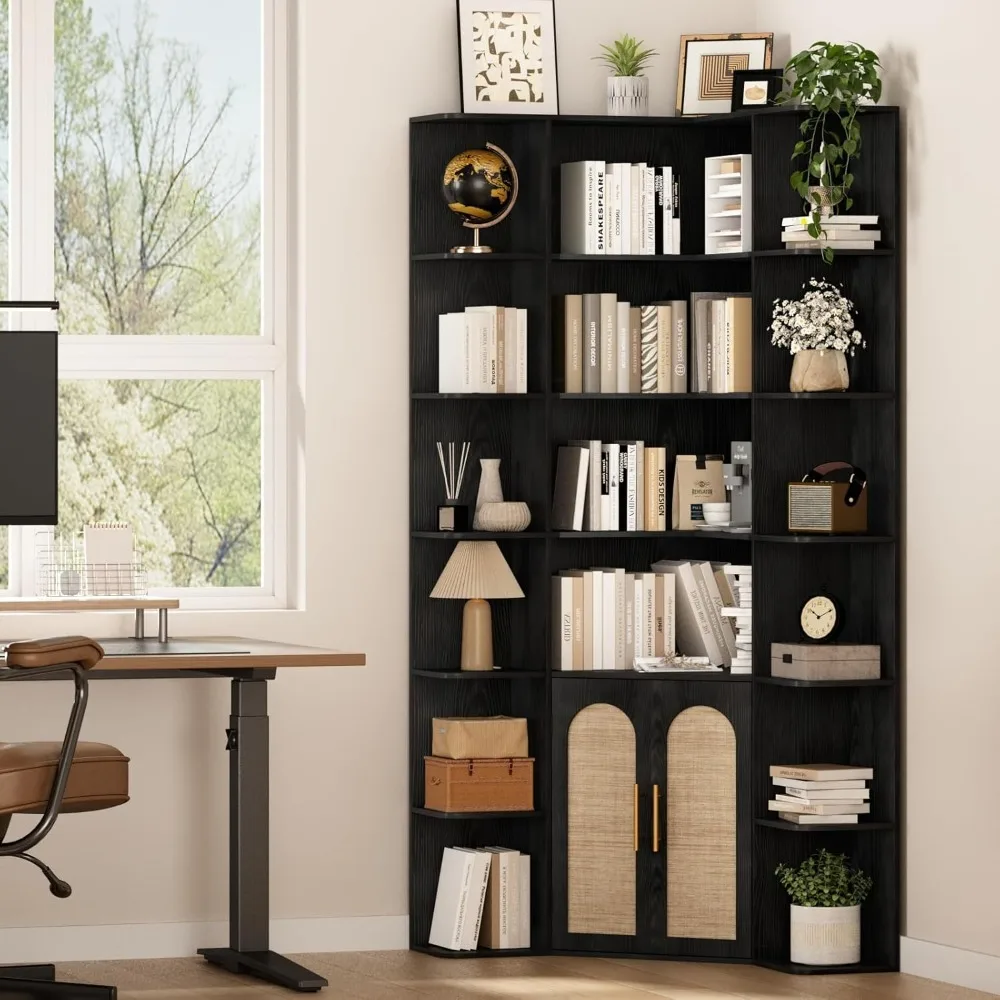 

74-inch Tall Corner Bookshelf with Two Arched Rattan Doors, 6-shelf L-shaped Bookcase, Bohemian Style Corner Bookshelf