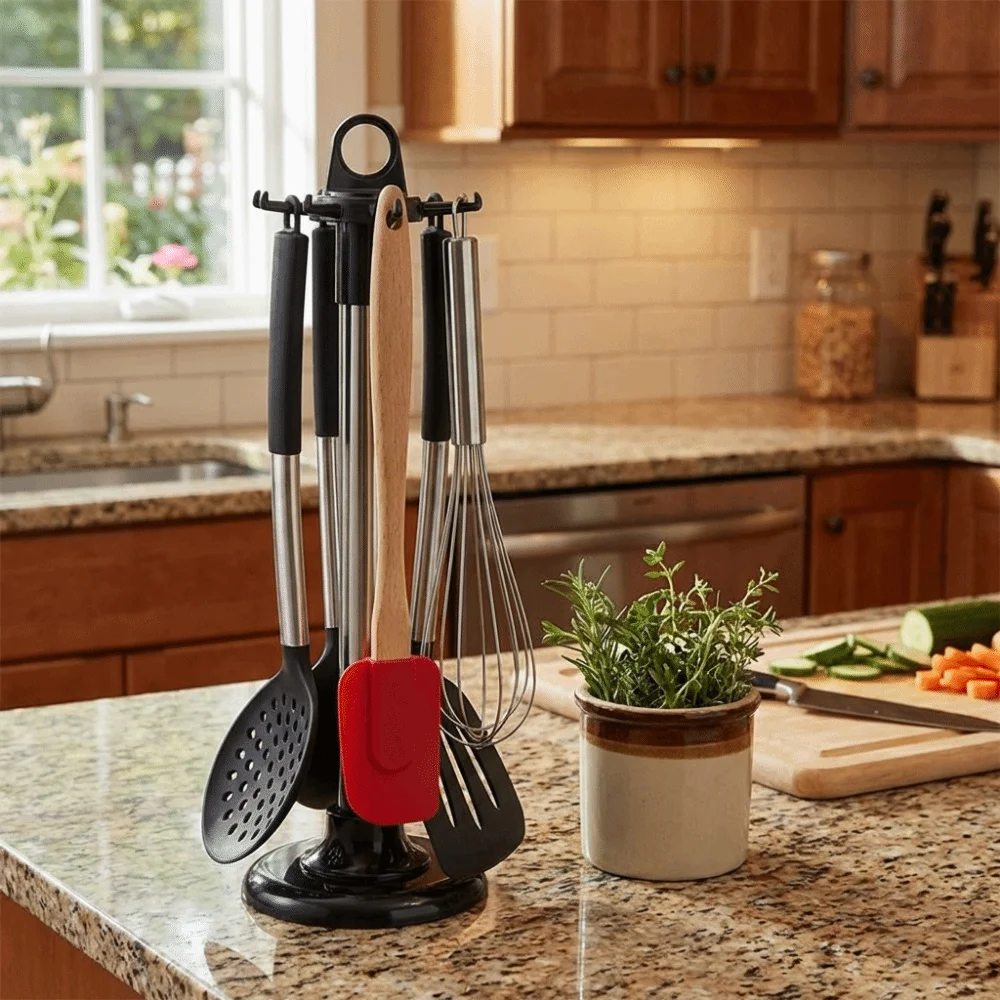 Stainless Steel Rotating Utensil Storage Rack Large Capacity Space Saving Utensil Holder with 6 Hooks Stable