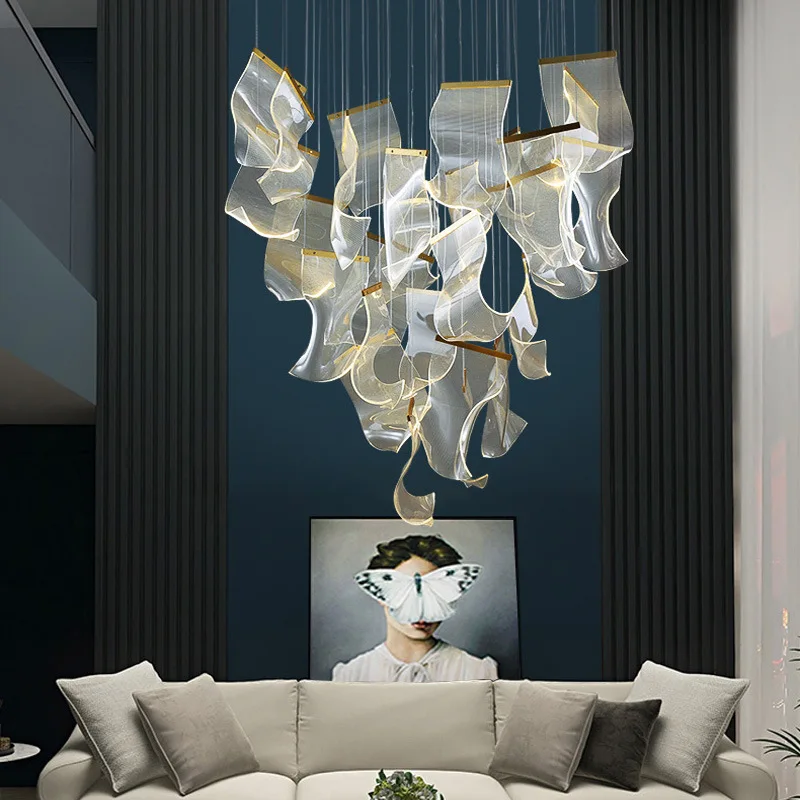 Postmodern Creative LED Chandelier Lighting Duplex Rotating Staircase Light Guide Hanging Lamp Living Room Adjustable Luminaires