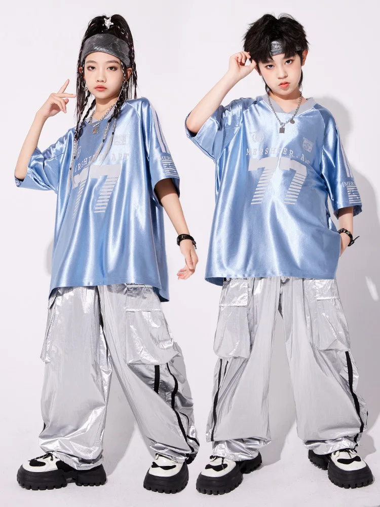 키즈 힙합 실버 운동복 스트리트 댄스 반짝 이는 카고 바지 소녀 K-pop streetwear 키즈 재즈 의류 세트 어린이 무대 의상