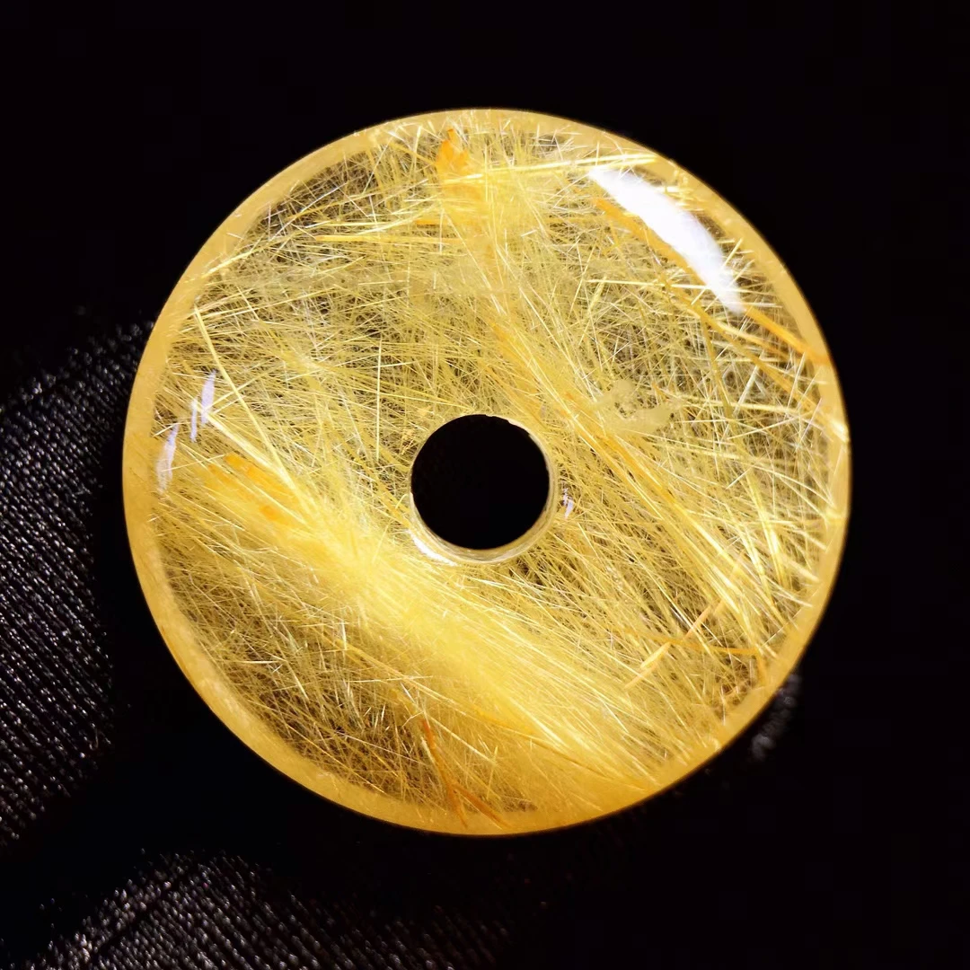 Natural Gold Rutilated Quartz Donut Pendant Necklace Rutilted Cat Eye Round 28.3*28.3*6.5mm Gold Women Men Jewelry AAAAAAA