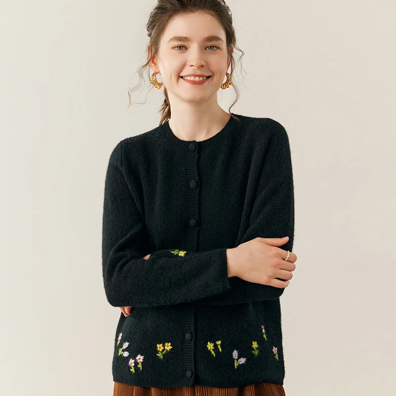2025 Chic Woman 100% Cashmere  Cardigan Soft Warm Knitwear O-Neck Sweater Hand-embroidered Flowers Autumn Winter Office Lady Top