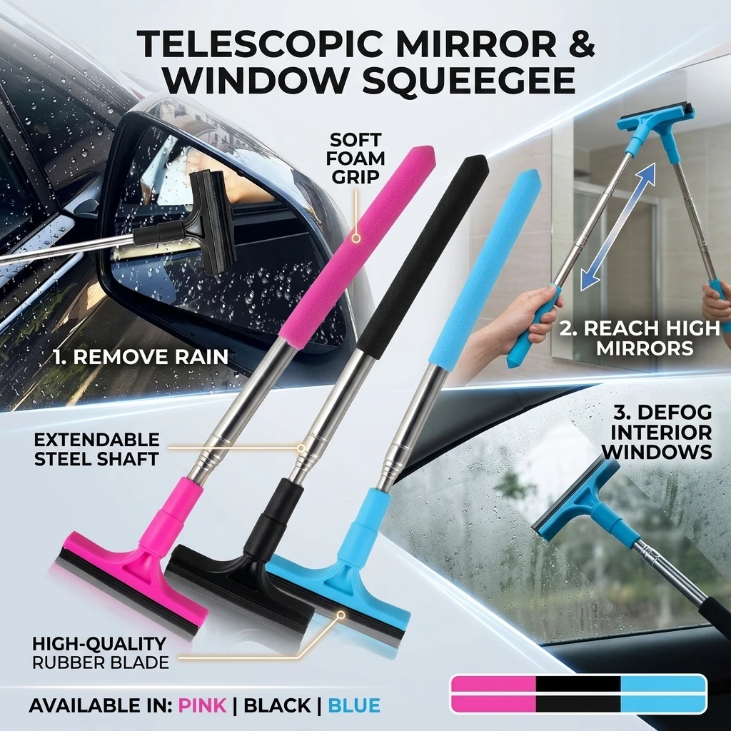 Car Rearview Mirror Wiper Cleaning Tool Telescopic Glass Mist Cleaner Scraper Handle Window Brush For Auto Accessories