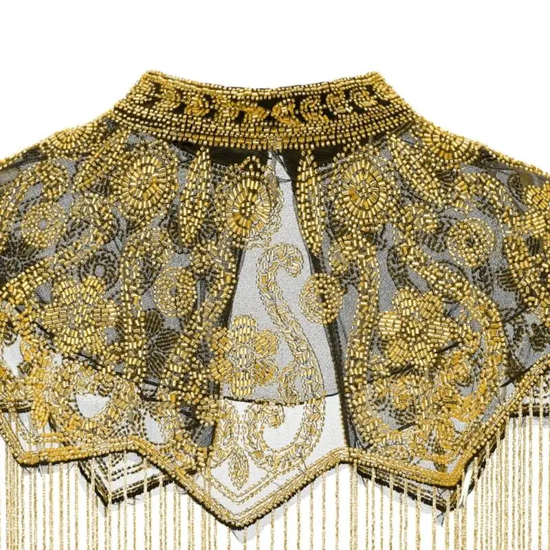 Hand-Sewn Embellished Shawl Coverup with Flowing Fringe for Evening Wear 6XDA