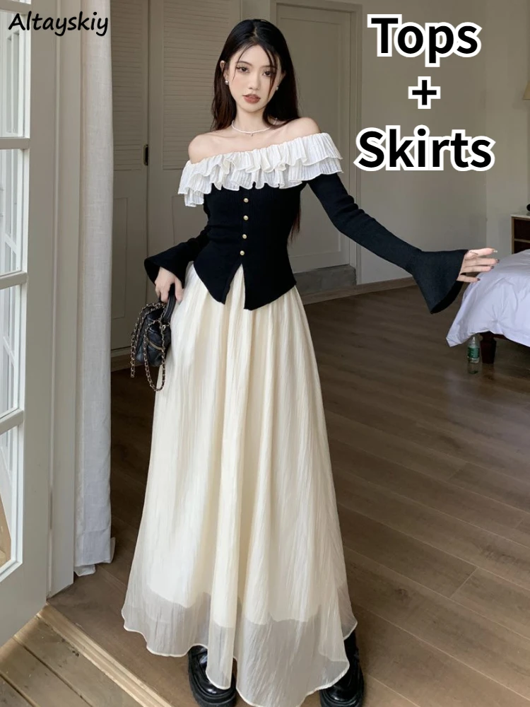 

Women Mesh Long Skirt Sets Sexy Temper Slash Neck Ruffles Tops Spring Elegant Feminine Party Wear Aesthetic Clothes Two Piece