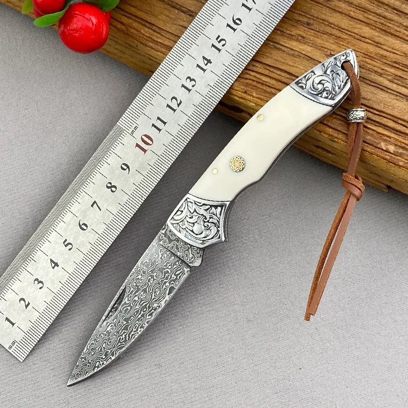 

Damascus Steel Blade Folding Knife, Cow Bone Handle, High Hardness, Outdoor Camping, EDC Tool, High-End Gift, Free Shipping