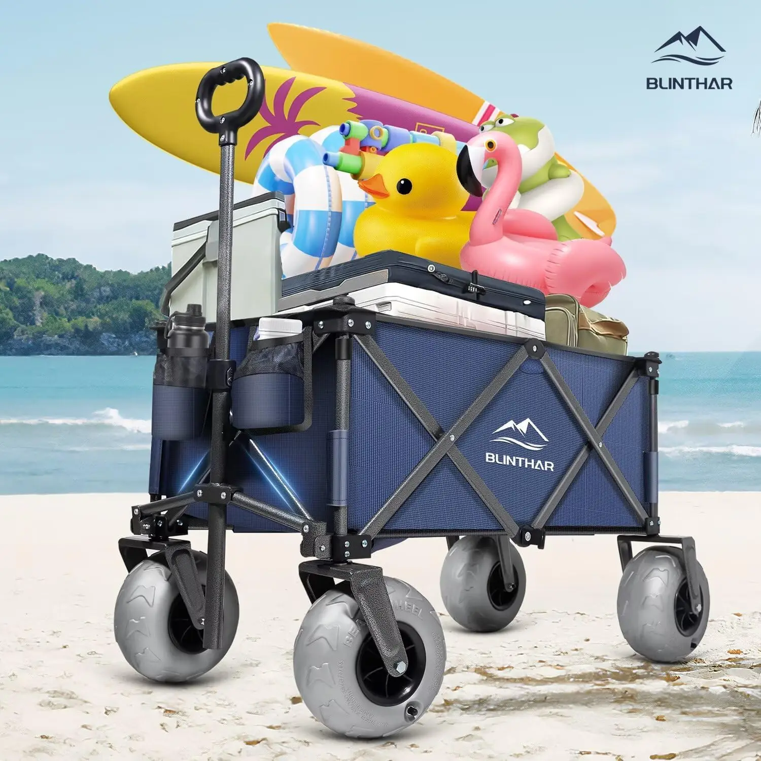 

Beach Wagon, Heavy Duty Collapsible Folding Wagon with All-Terrain 9" Pneumatic Tires & Drink Holders, Utility Grocery Wagon