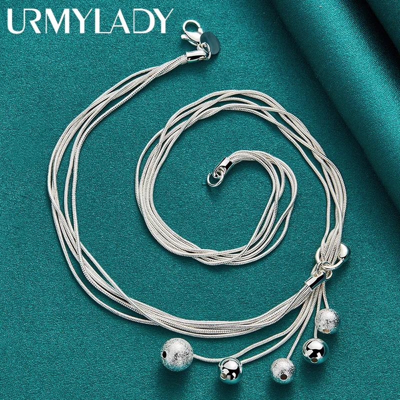 URMYLADY 925 Sterling Silver Smooth Frosted Beads Multi Snake Chain 18 Inch Necklace For Women Wedding Party Fashion Jewelry