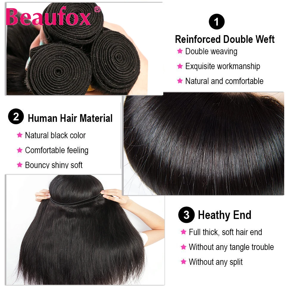 Beaufox-mechones de cabello humano liso indio, extensiones de cabello Natural o negro azabache de 8-32 pulgadas, 1/3/4 piezas