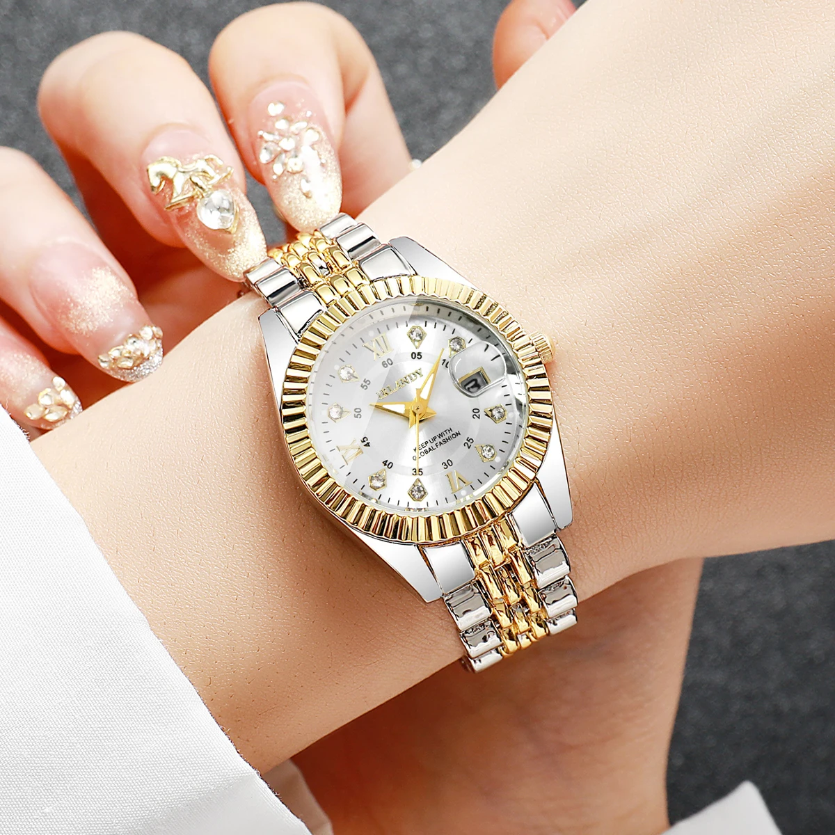 Modische Damen-Quarzuhr mit Roma-Zifferblatt, Strass, Edelstahl, Kalender, Armbanduhren, Reloj Mujer, Geschenk (ohne Box) – Detail 10
