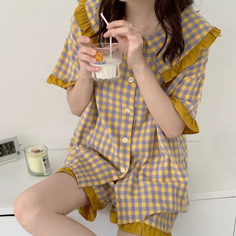 Princess Style Pajamas Homewear Set Female Cardigan Summer Short-Sleeved Shorts Students Casual Loose Cute Pajamas Homewear