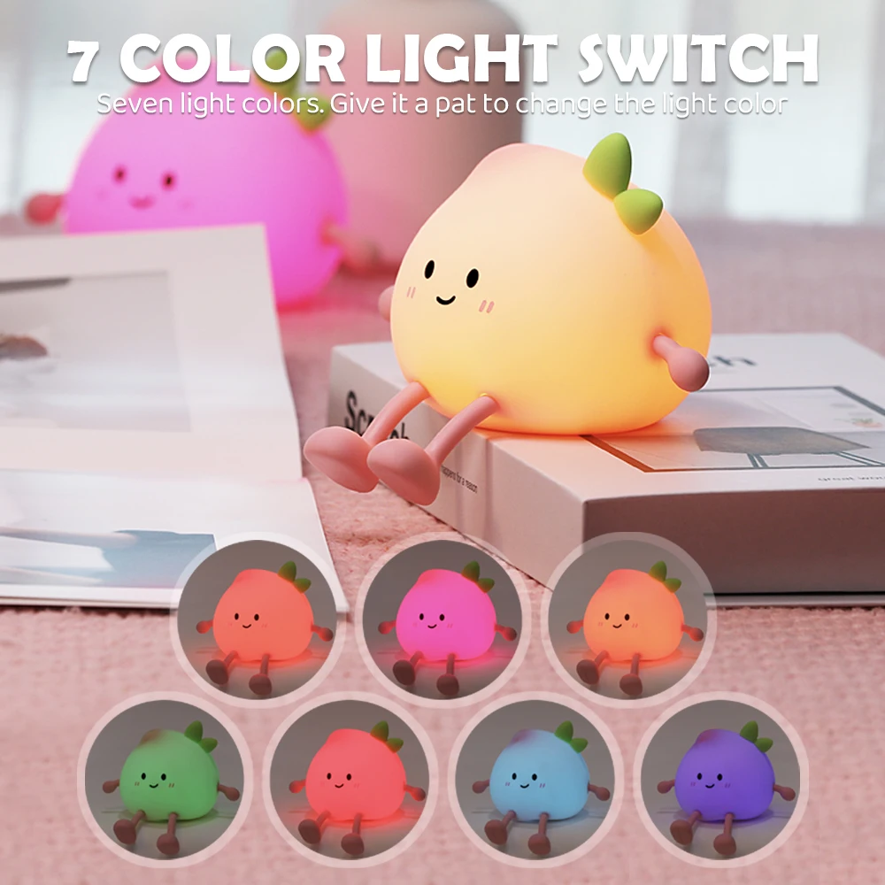 Cute Silicone Peach Night Light Rechargeable LED Nursery Nightlight 7 Colors Tap Control Bedside Lamp for Bedroom Christmas Gift