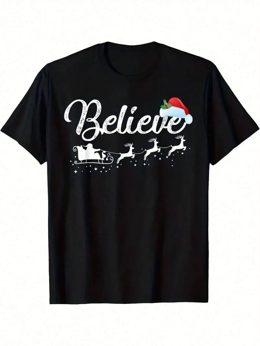 - Believe In Santa Claus Shirt Printed T-Shirt Able Breathable, Soft, Short Sve, Daily Wear, All Season, 220G 100% Cotton Trendy