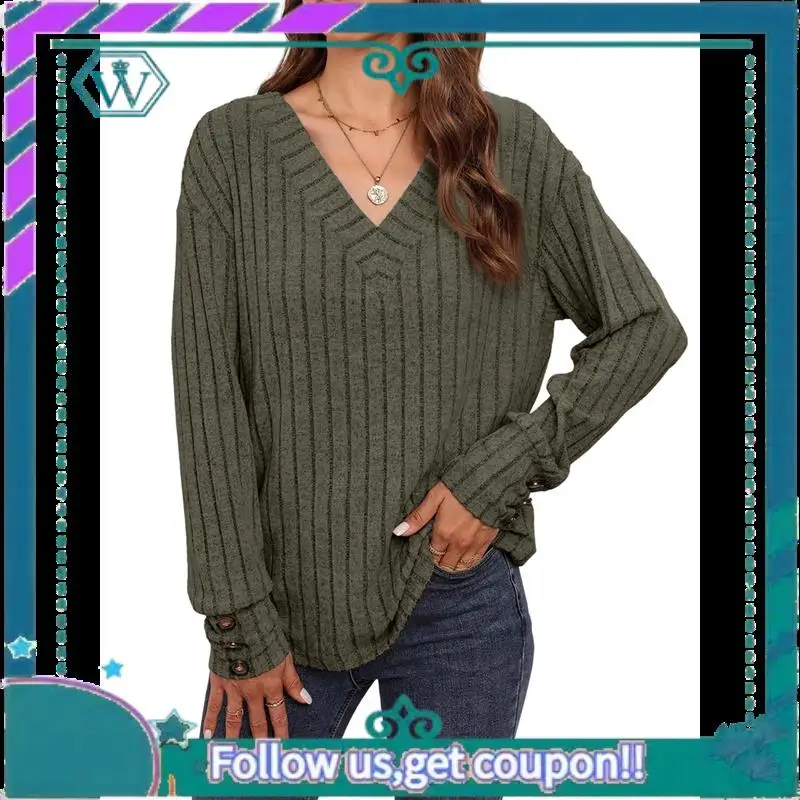 

A09P Womens Soft Long Sleeve V Neck Shirts Solid Casual Decorative Buttons Knitted Pullover Tunic Tops