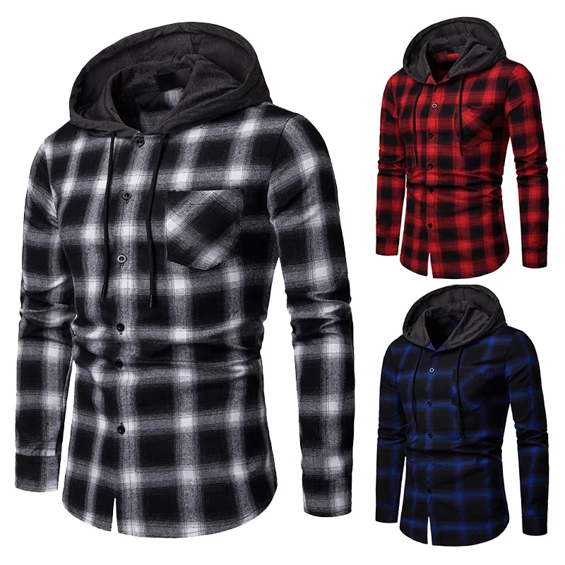 

2023 Autumn/winter New Checkered Patchwork Men's Shirt European Size Men's Casual Hooded Long Sleeved Shirt Men's