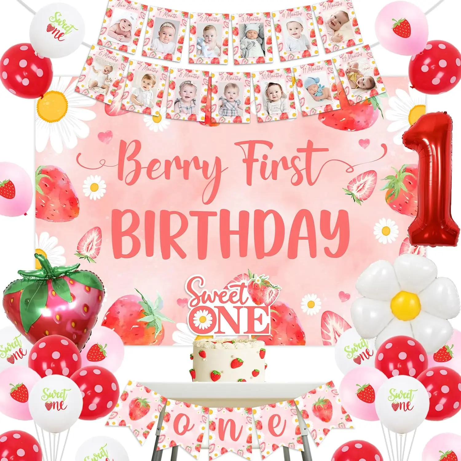 

Strawberry Daisy First Birthday Party Decor Backdrop High Chair Banner Photo Banner Berry Sweet One Cake Topper