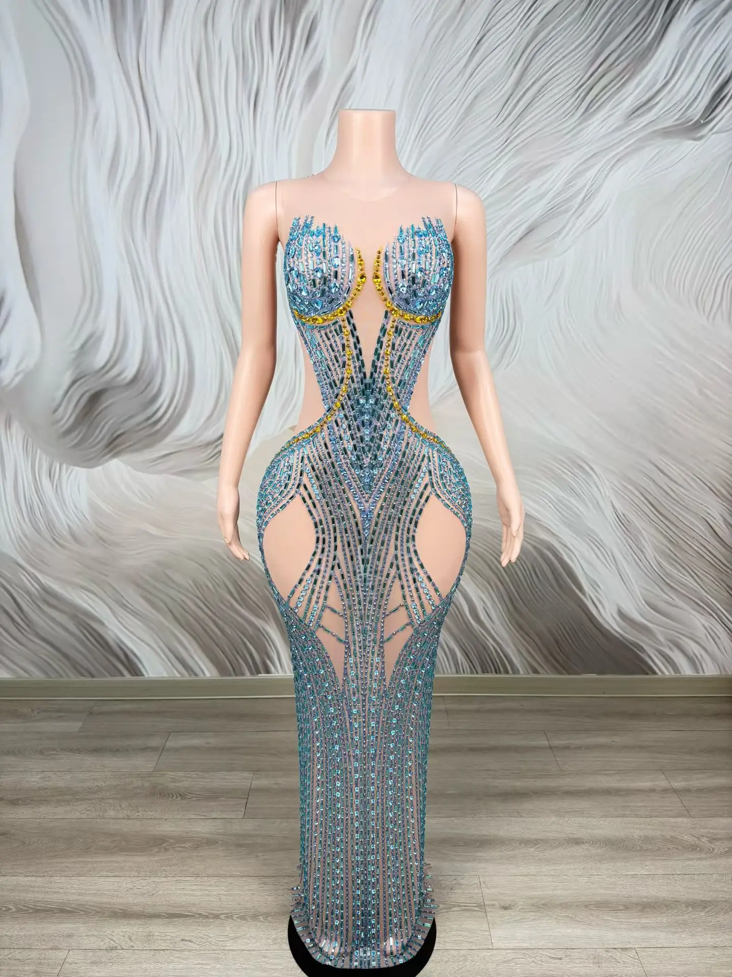 Bingshan Elegant Nude Mesh Blue Gold Rhinestone Bodycon Long Dress Strapless Tube Top Double Waist Cutout Gala Party Outfit
