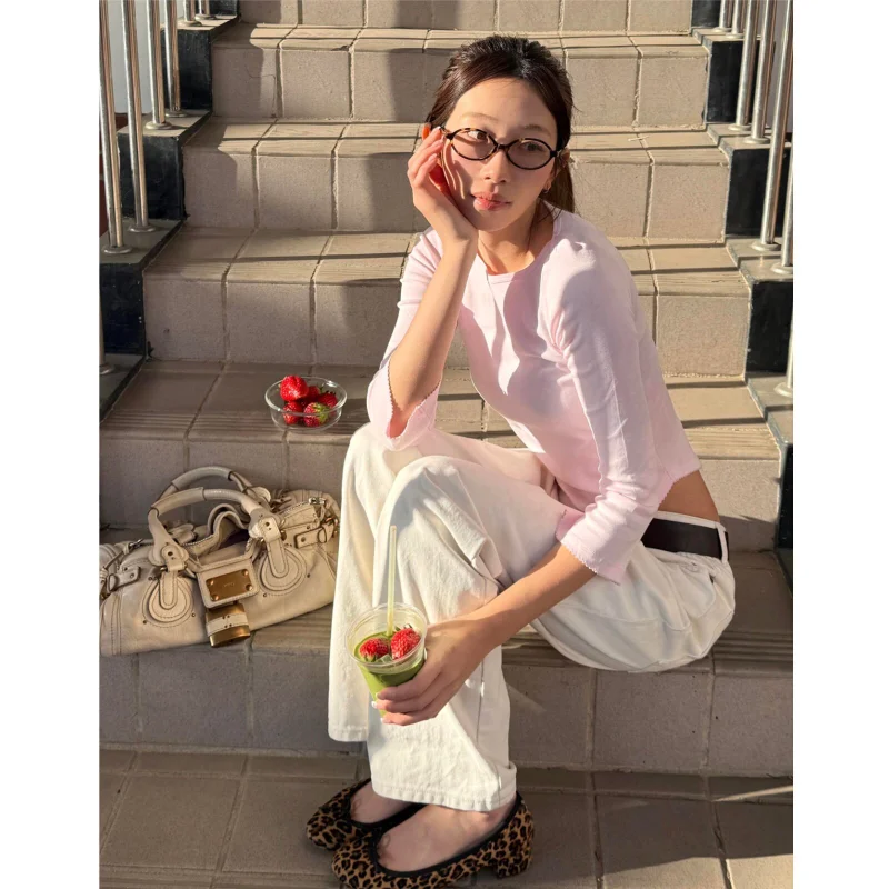 American Style Ins Short Sleeve U-Neck Slim Fit T-Shirt Women's Top Ballet Dance Floral  mid Sleeve Splice Hot Girl