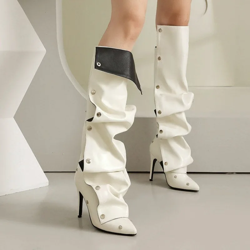 Spring and Autumn Pointed Stud Button Heels Plus Size Two-Wear Knee Pads Pleated Tall Spice Girl Boots