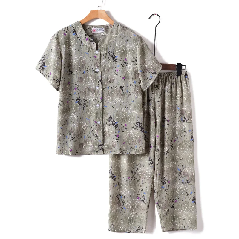 Middle Aged Mother Short Sleeve Sleepwear Suit Floral Pijama Korean Style Two Piece Set Home Wear Calf-length Trousers Sets 3XL