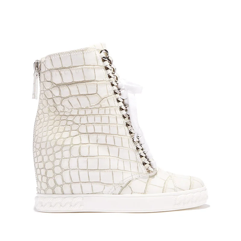 

Roman Stone White Leather Chains Lace-Up Ankle Boots Hidden Wedge Zipper Back Front Metal Chain Inner Increased Shoes Women